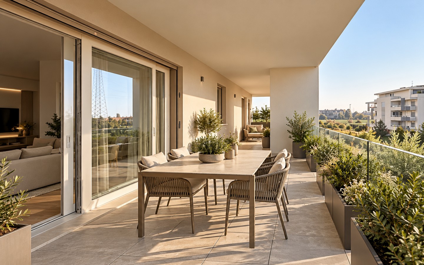 Balcone moderno con verde e luce dorata