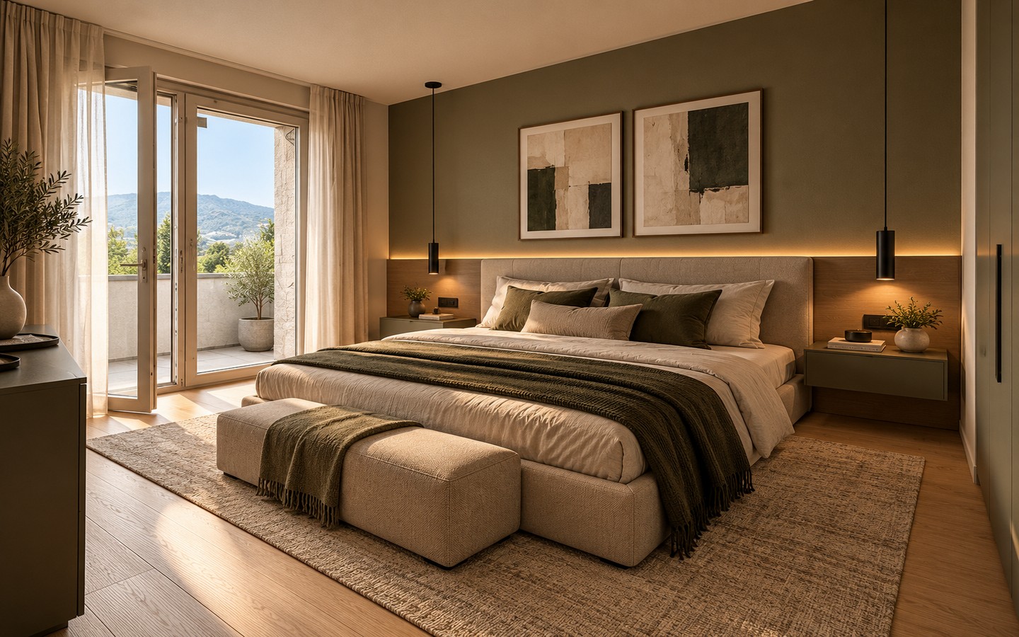 Camera da letto minimalista con vista montagna (1)